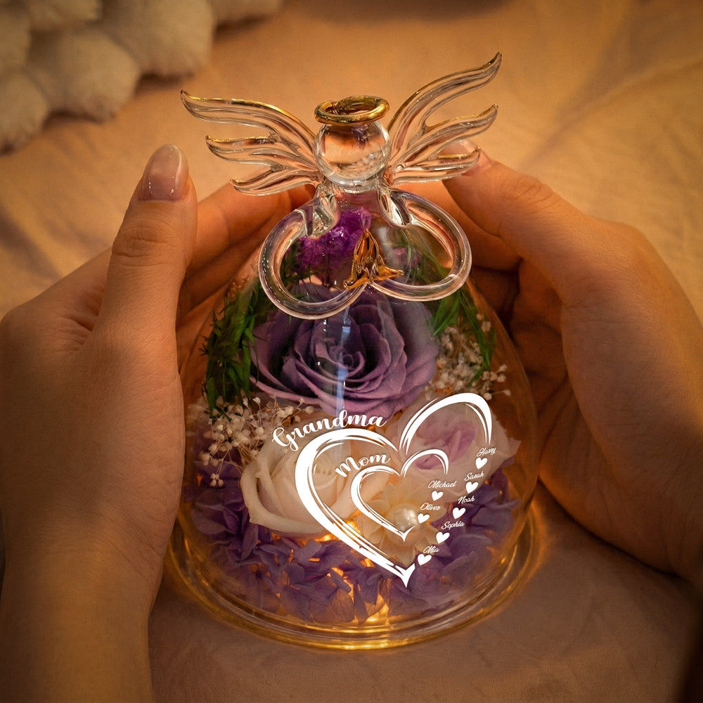 Mom Grandma Hearts Custom Kids' Names - Personalized Flower In Glass Angel Figurines