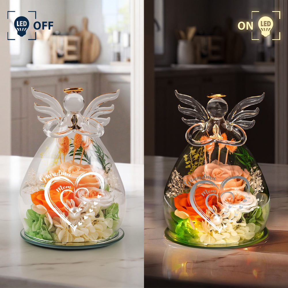 Mom Grandma Hearts Custom Kids' Names - Personalized Flower In Glass Angel Figurines