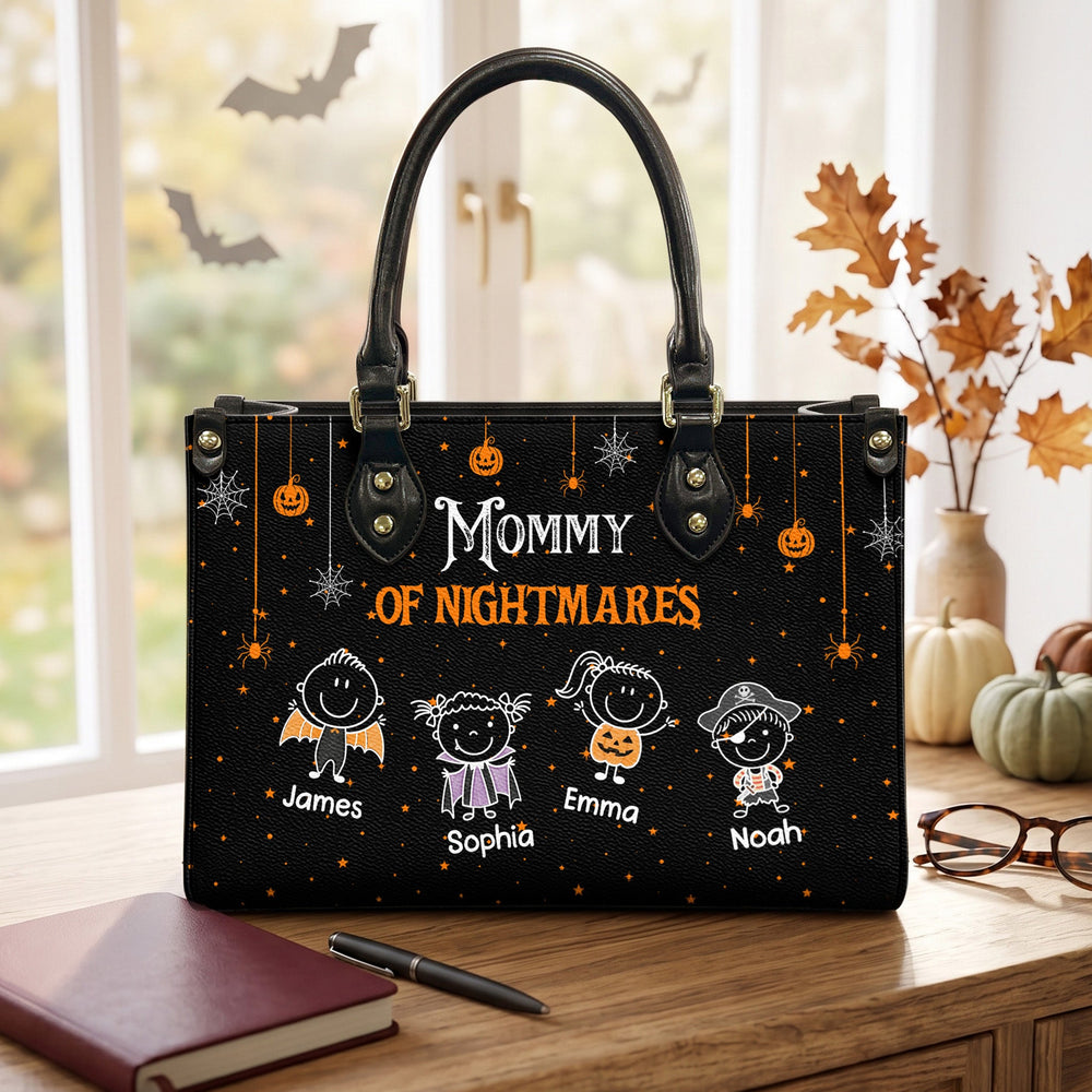 Personalized Mommy Of Nightmares Leather Bag – Custom Kids Names Halloween Tote Bag Gift for Mom