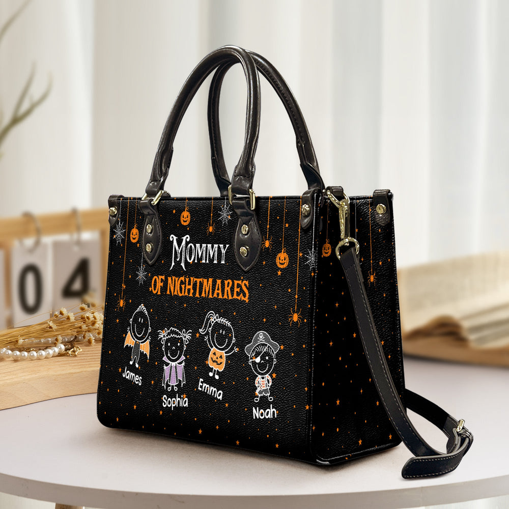Personalized Mommy Of Nightmares Leather Bag – Custom Kids Names Halloween Tote Bag Gift for Mom