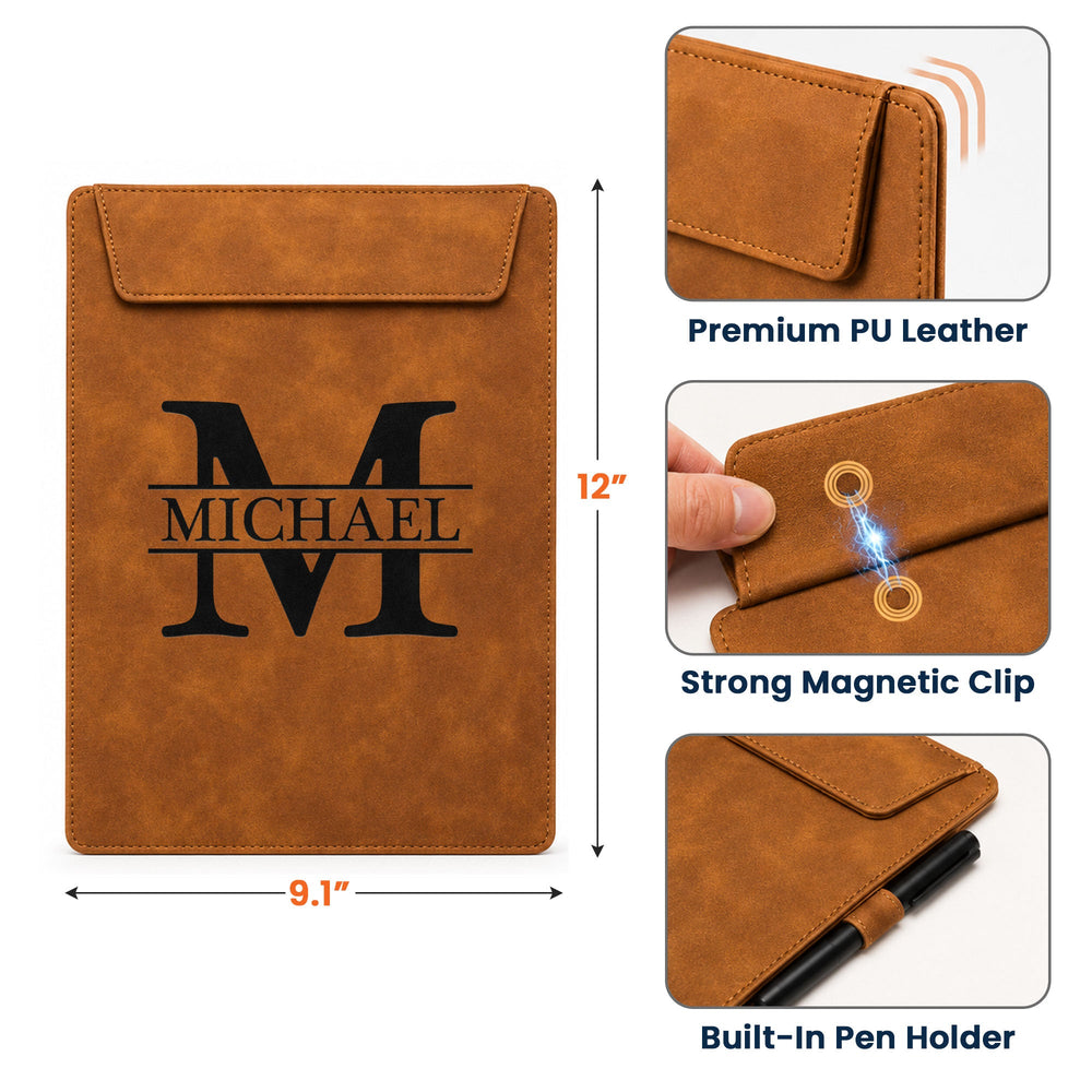 Personalized Monogram Leather Clipboard, Custom Name Magnetic Folder Gift for Teacher & Coach