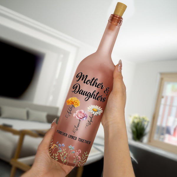 Mother And Daughter Forever Linked Together Custom Birth Flower - Personalized Bottle Lamp
