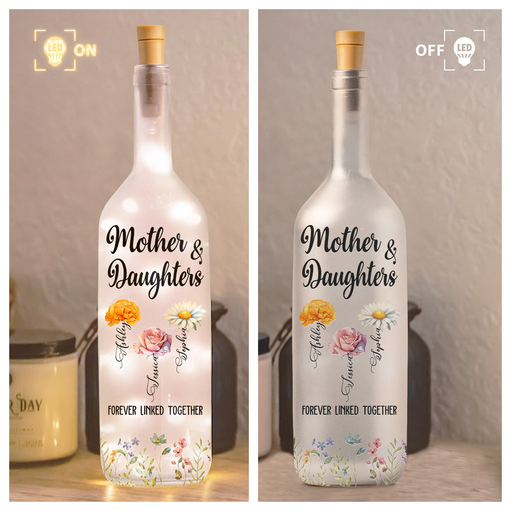 Mother And Daughter Forever Linked Together Custom Birth Flower - Personalized Bottle Lamp