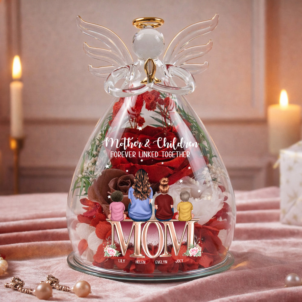 Mother & Children Forever Linked Together - Personalized Flower In Glass Angel Figurines
