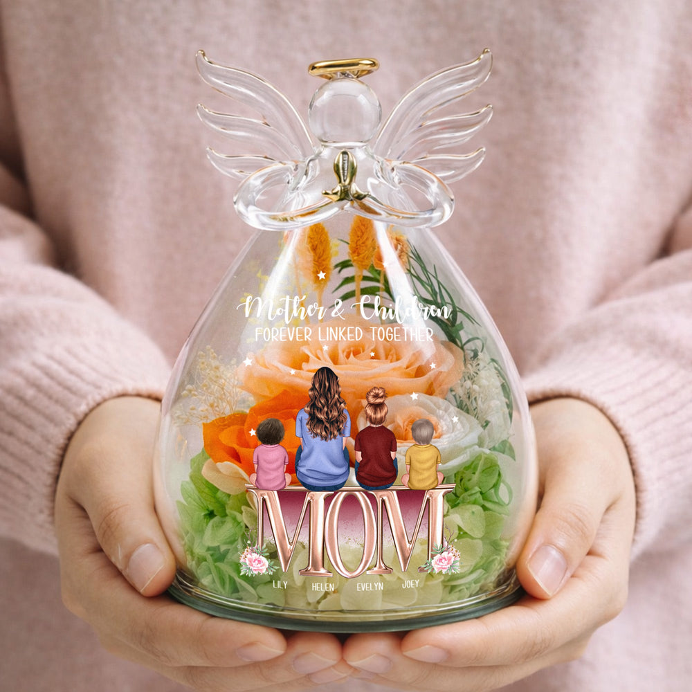 Mother & Children Forever Linked Together - Personalized Flower In Glass Angel Figurines