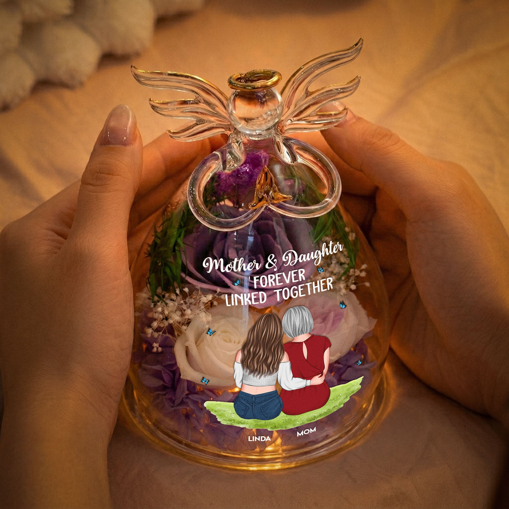 Mother & Daughter Forever Linked Together - Personalized Flower In Glass Angel Figurines