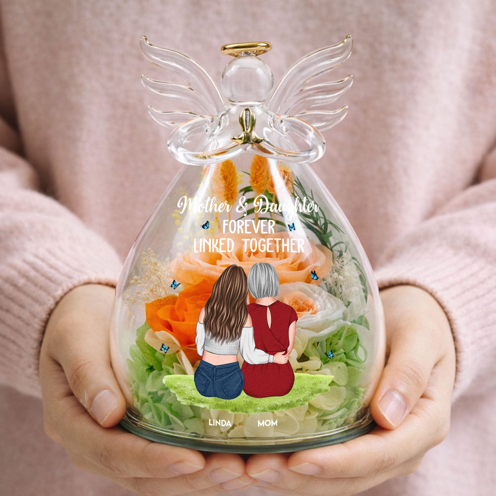 Mother & Daughter Forever Linked Together - Personalized Flower In Glass Angel Figurines