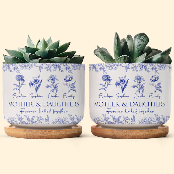 Mother & Daughters Forever Linked Together Birth Flower - Personalized Ceramic Plant Pot