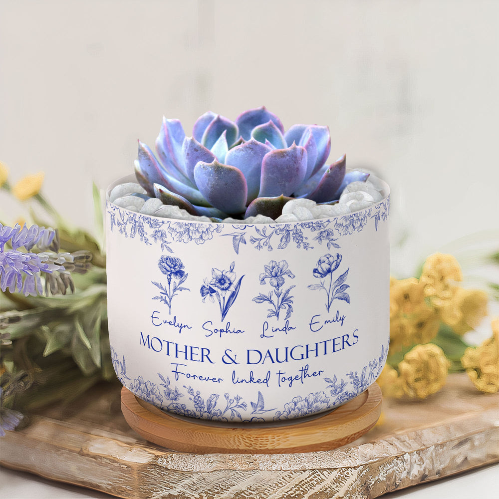 Mother & Daughters Forever Linked Together Birth Flower - Personalized Ceramic Plant Pot