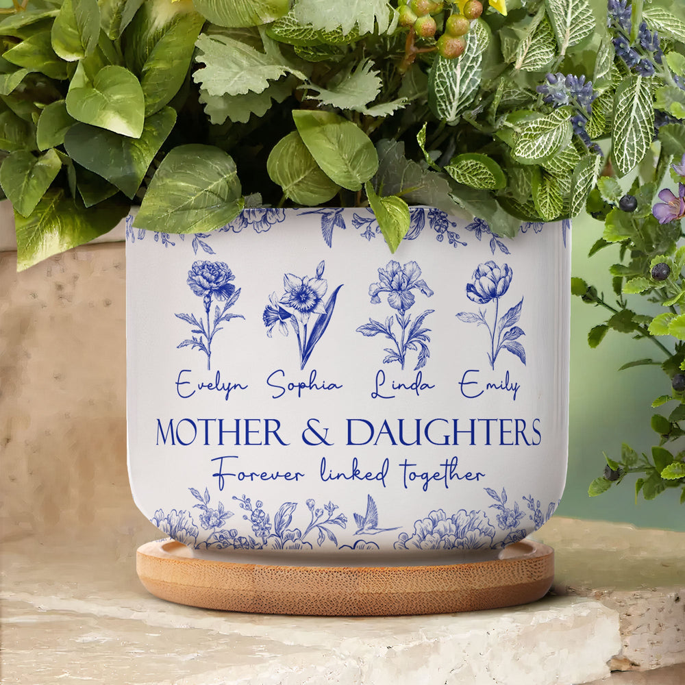 Mother & Daughters Forever Linked Together Birth Flower - Personalized Ceramic Plant Pot