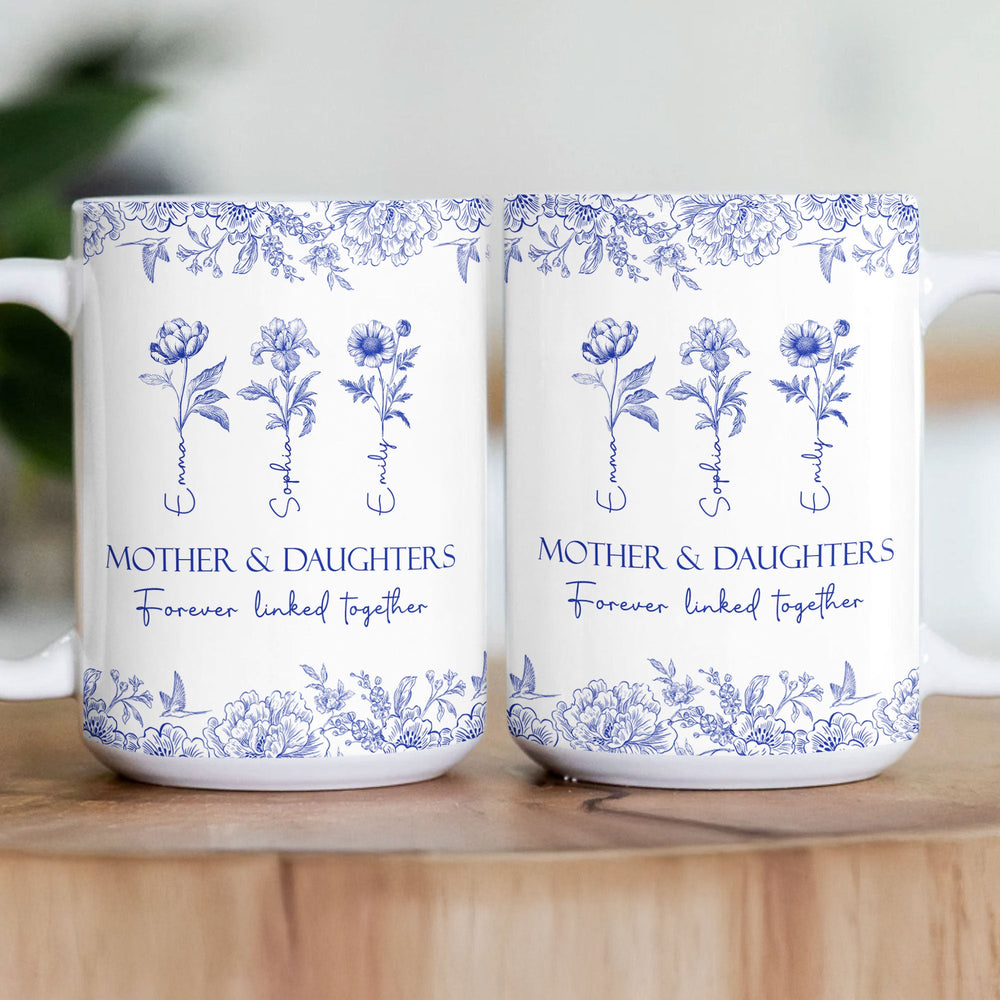 Mother & Daughters Forever Linked Together Birth Flower - Personalized Mug