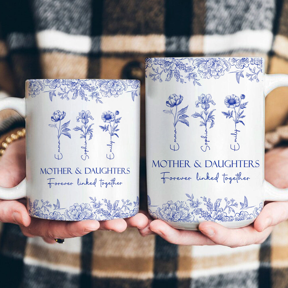 Mother & Daughters Forever Linked Together Birth Flower - Personalized Mug