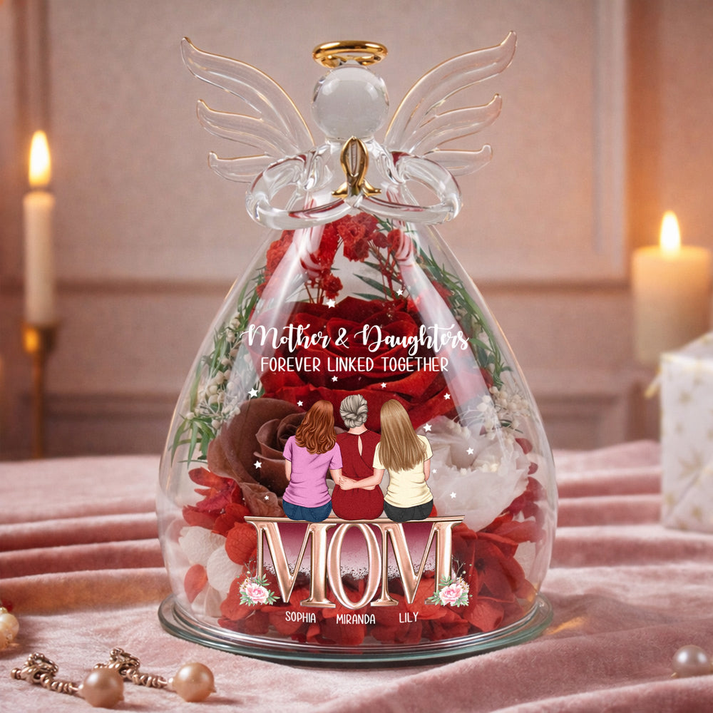 Mother & Daughters Forever Linked Together - Personalized Flower In Glass Angel Figurines