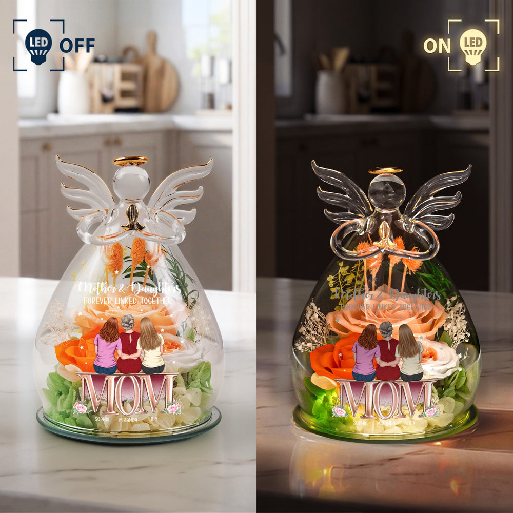 Mother & Daughters Forever Linked Together - Personalized Flower In Glass Angel Figurines