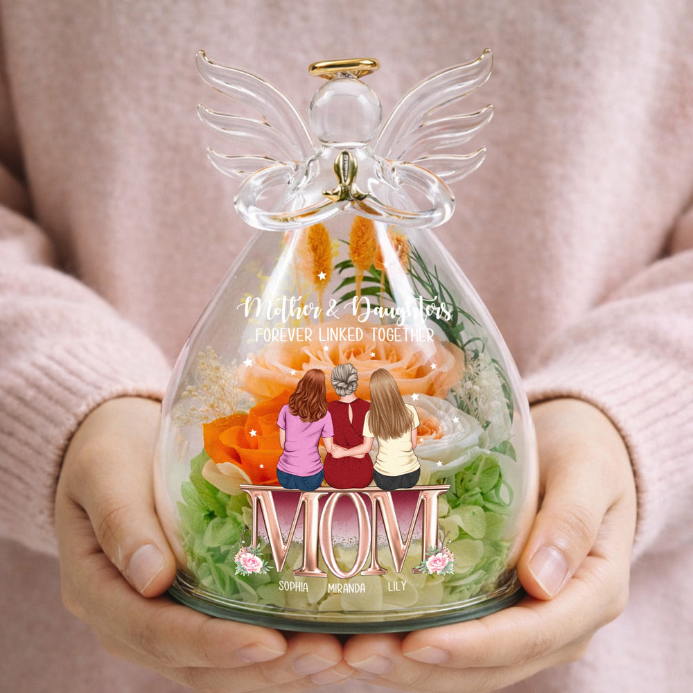 Mother & Daughters Forever Linked Together - Personalized Flower In Glass Angel Figurines