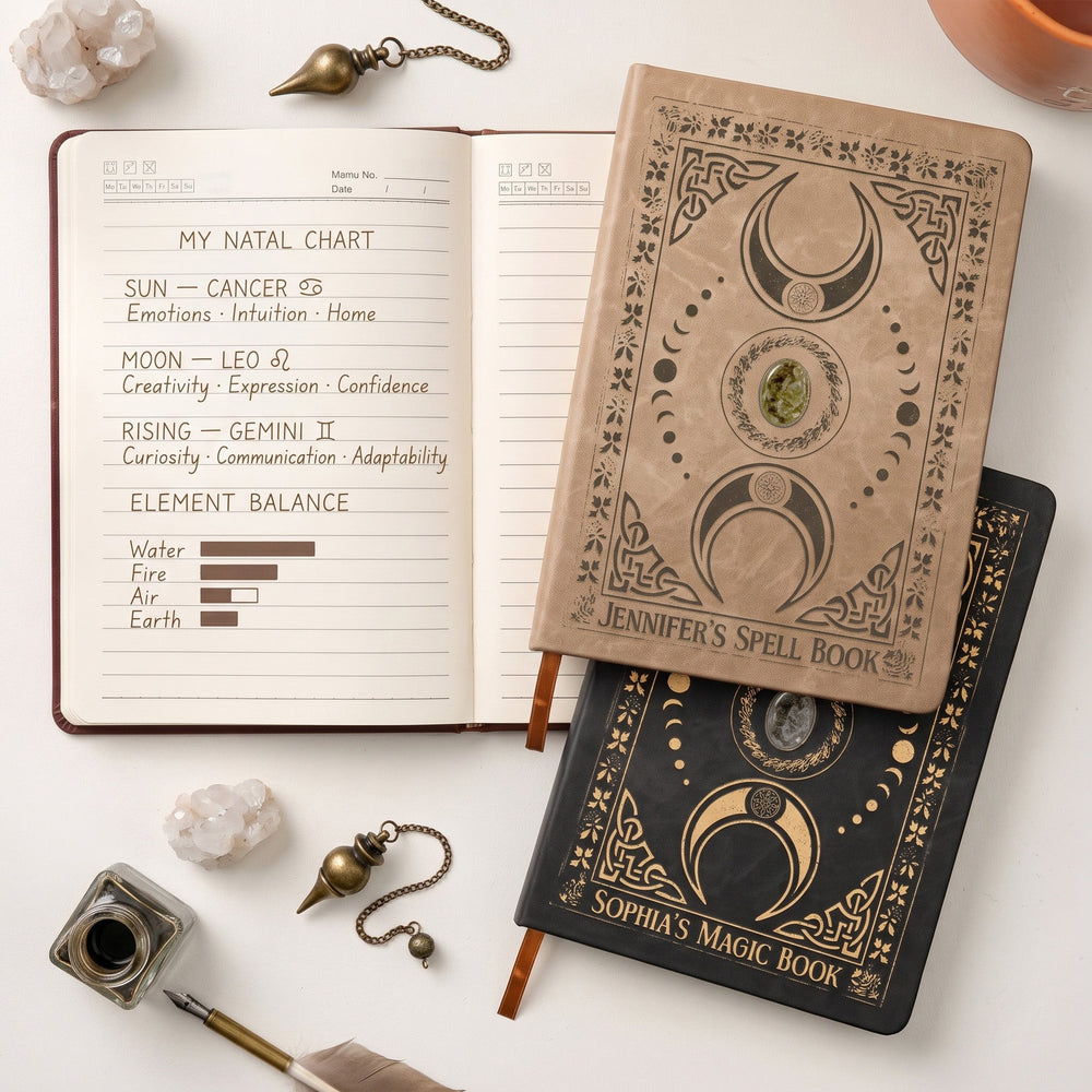 Personalized Witchy Spell Book Leather Journal, Custom Name Book of Shadows Notebook