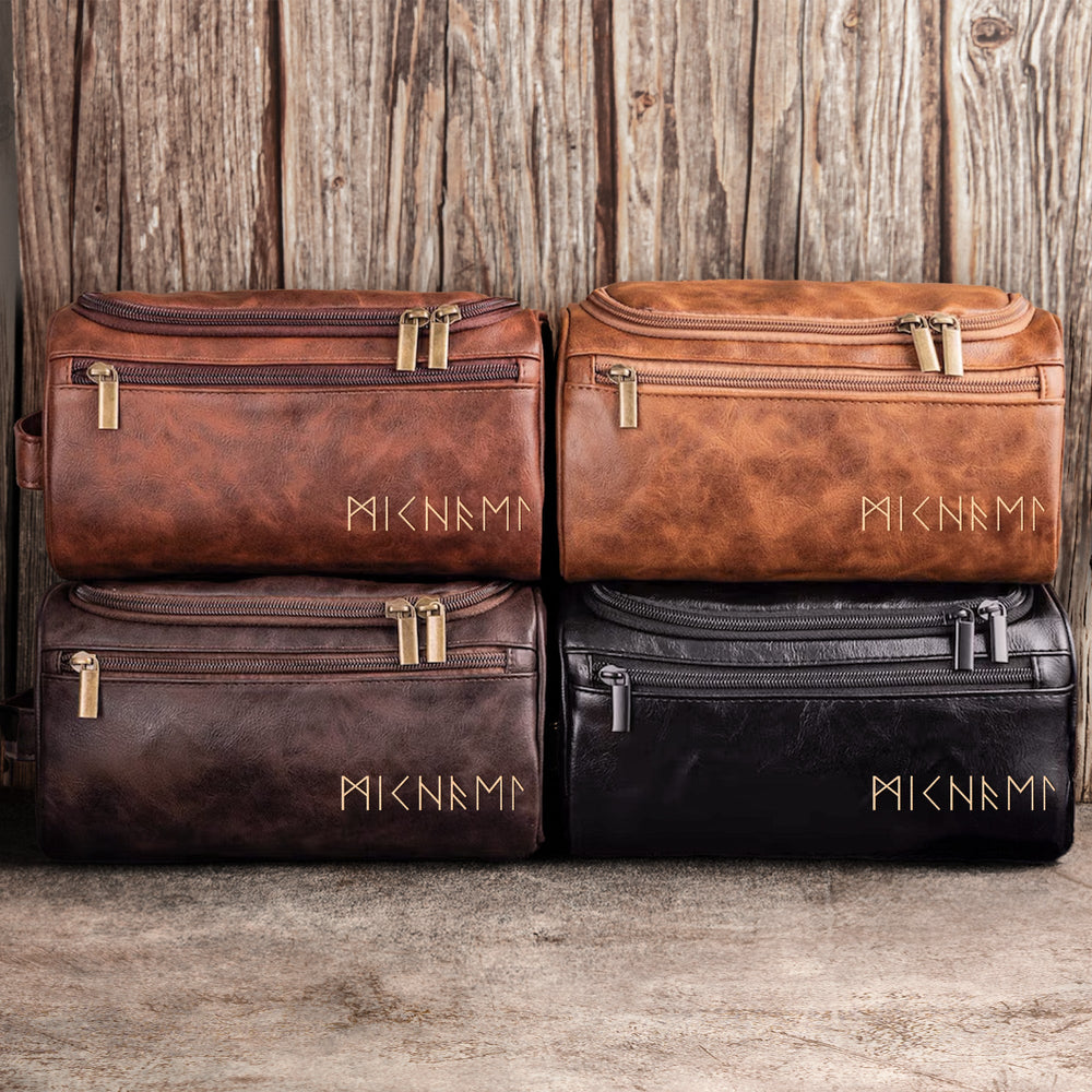 Name In Runes Viking - Personalized Leather Toiletry Bag