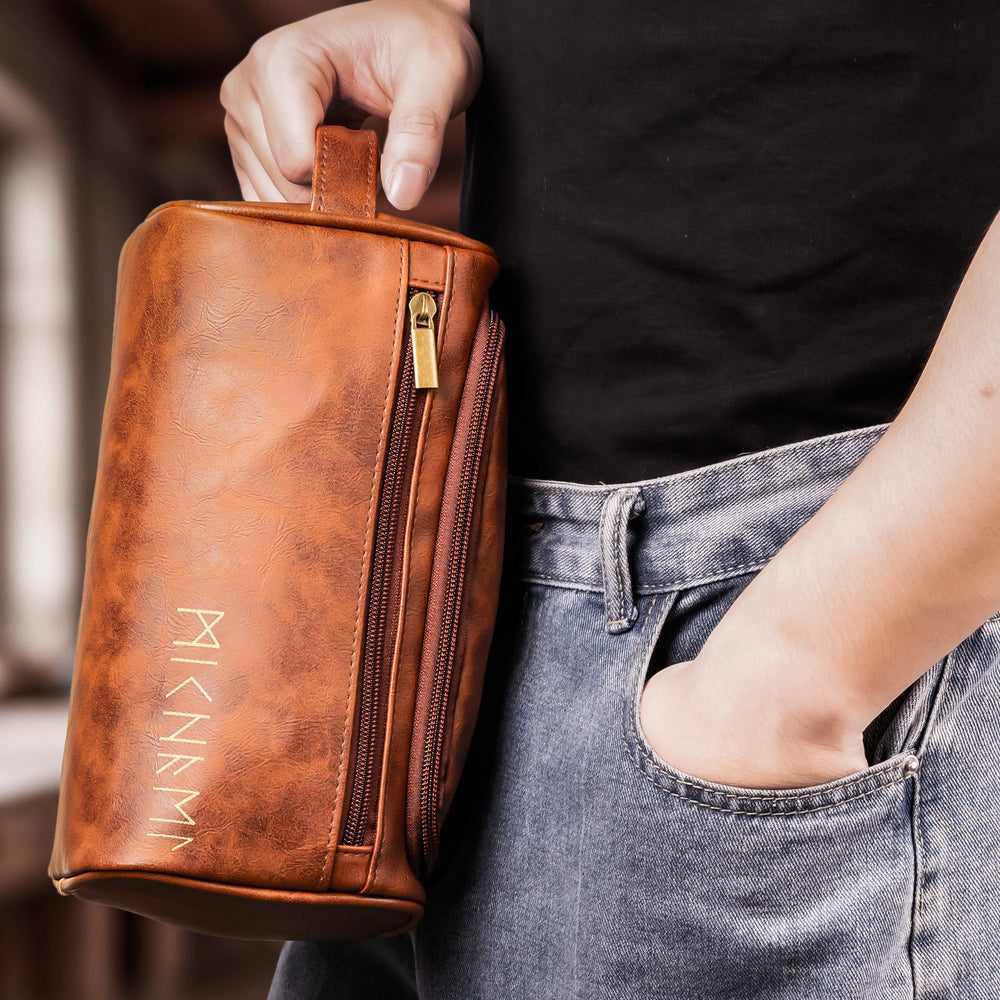 Name In Runes Viking - Personalized Leather Toiletry Bag
