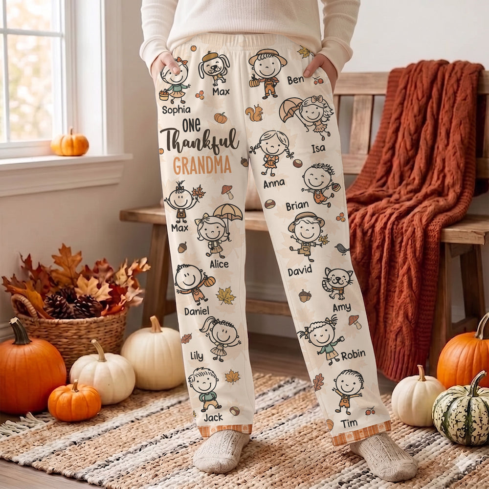 One Thankful Grandma Fall Vibe Doodle Personalized Lounge Pants – Custom Kids Names Fall Pajama Pants Gift