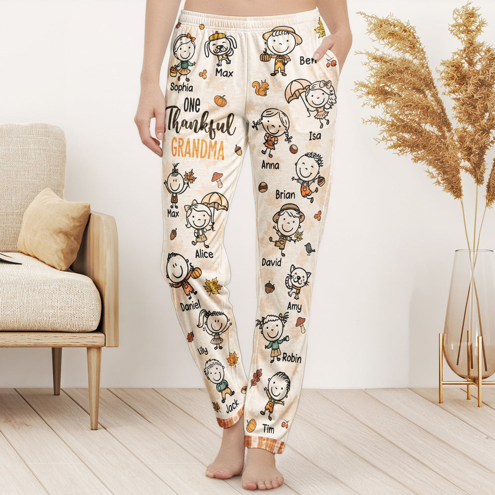 One Thankful Grandma Fall Vibe Doodle Personalized Lounge Pants – Custom Kids Names Fall Pajama Pants Gift