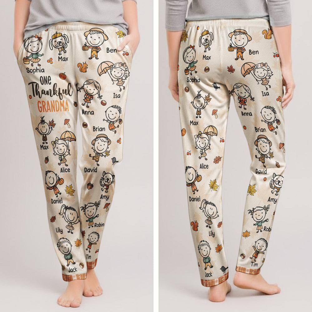 One Thankful Grandma Fall Vibe Doodle Personalized Lounge Pants – Custom Kids Names Fall Pajama Pants Gift
