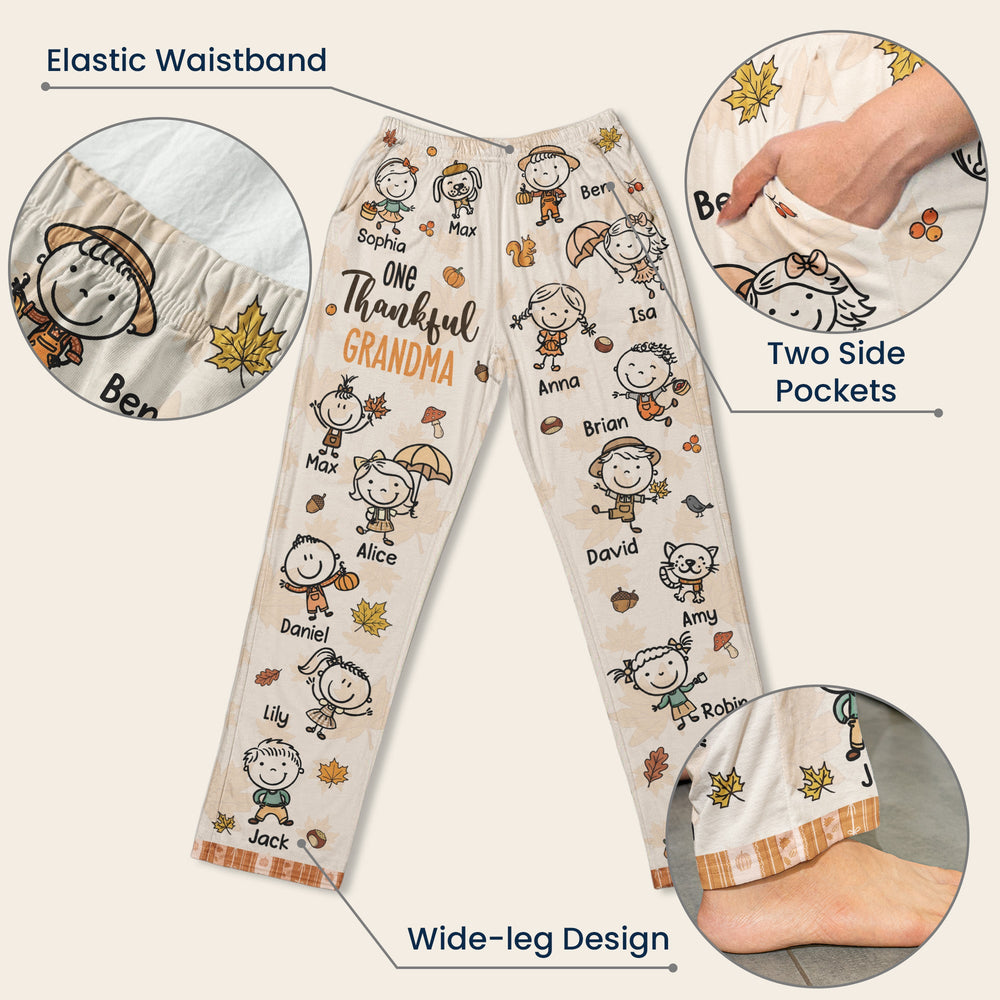 One Thankful Grandma Fall Vibe Doodle Personalized Lounge Pants – Custom Kids Names Fall Pajama Pants Gift