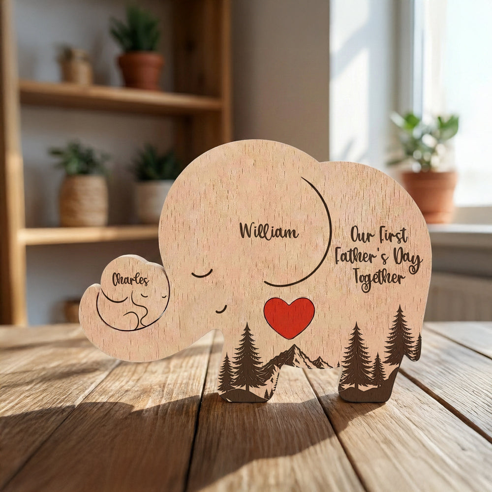 Our 1st Father's Day Together - Elephant Dad & Baby - Forest Style - Personalized Puzzle
