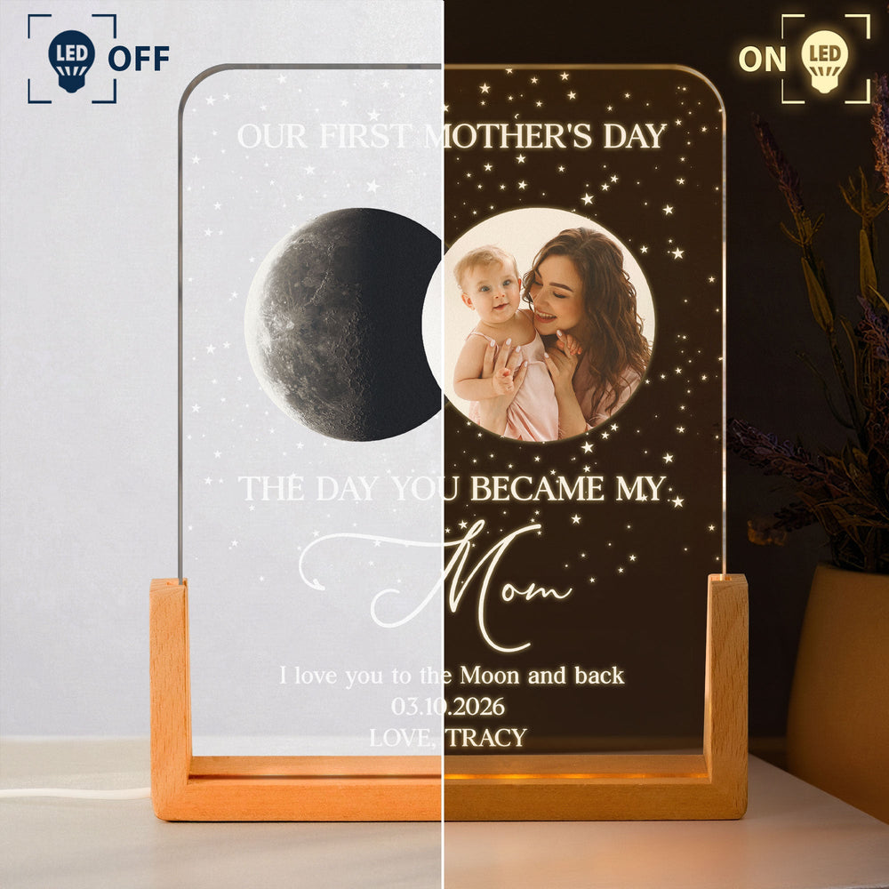 Our First Mother's Day The Day You Became My Mom, Custom Moon Phase - Personalized Night Light