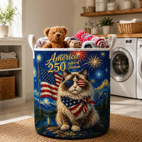 Patriotic Fluffy Cat Personalized Quilted Laundry Basket LV03