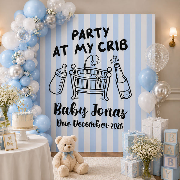 Personalized Party At My Crib Baby Shower Backdrop – Custom Name Photo Background Banner