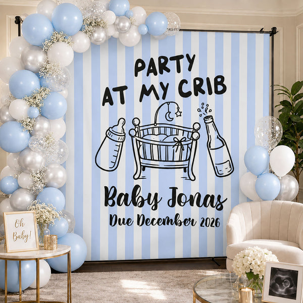 Personalized Party At My Crib Baby Shower Backdrop – Custom Name Photo Background Banner