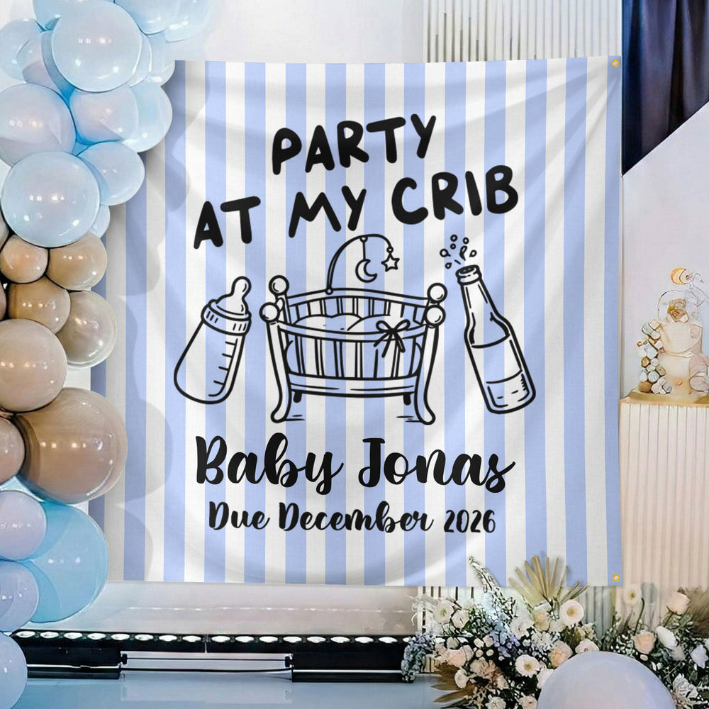 Personalized Party At My Crib Baby Shower Backdrop – Custom Name Photo Background Banner