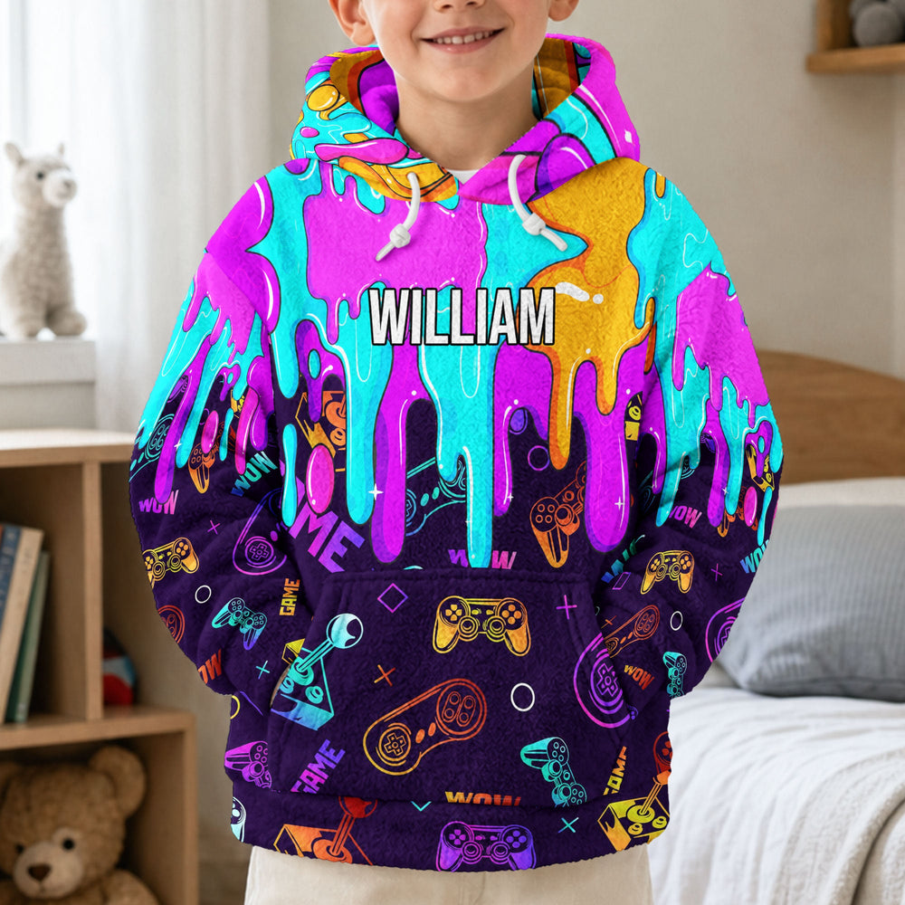 Personalized Gamer Hoodie, Custom Name Neon Drip Video Game Sweatshirt Gift for Boys