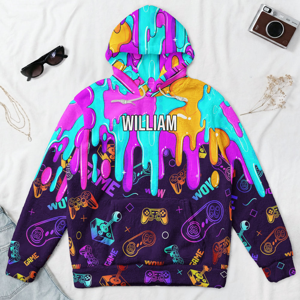 Personalized Gamer Hoodie, Custom Name Neon Drip Video Game Sweatshirt Gift for Boys