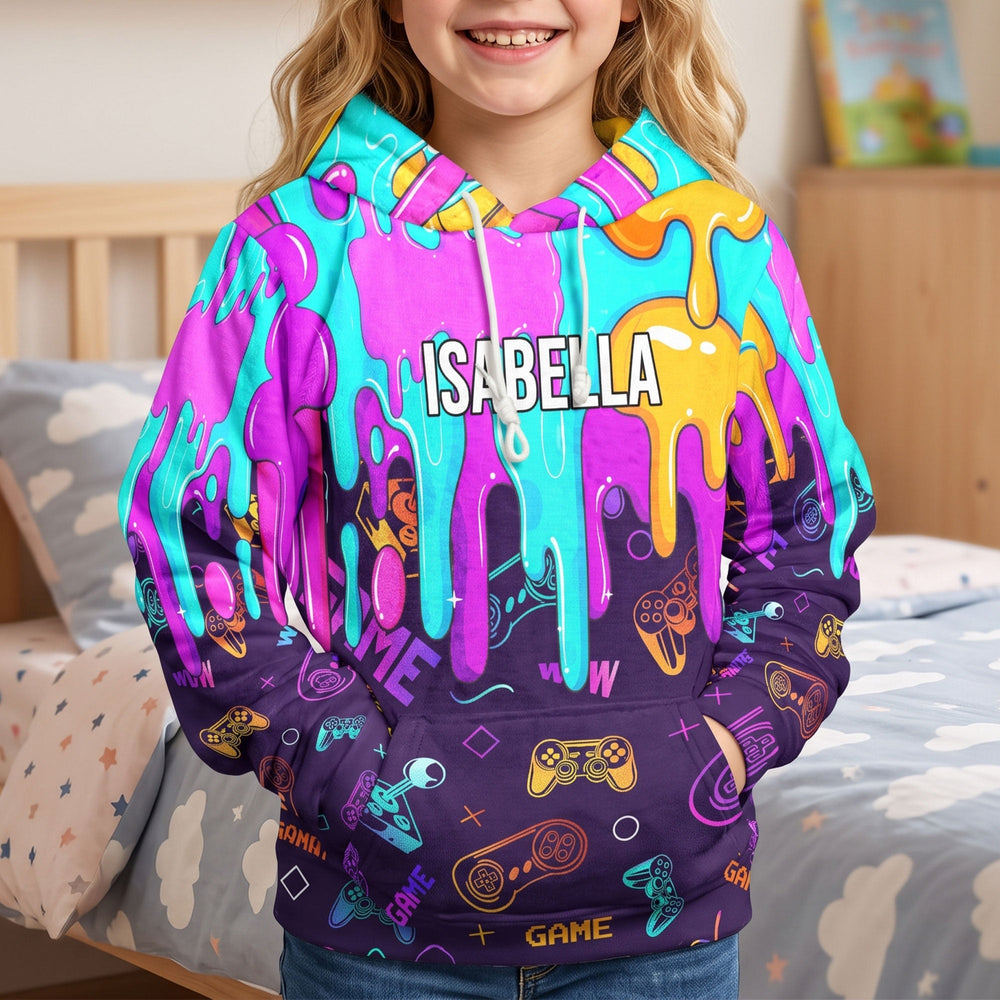 Personalized Gamer Hoodie, Custom Name Neon Drip Video Game Sweatshirt Gift for Boys