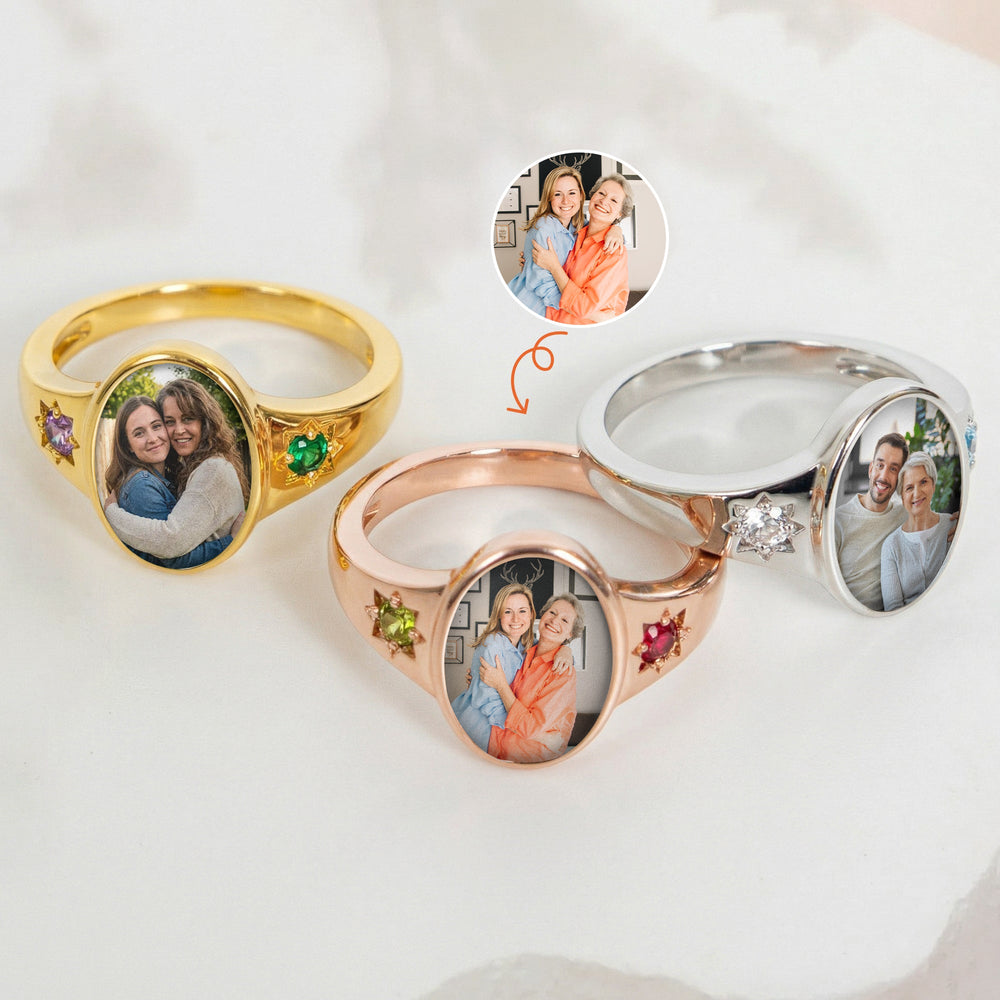 Photo Ring With 2 Birthstones Mother's Day Gift For Mom - Personalized Ring