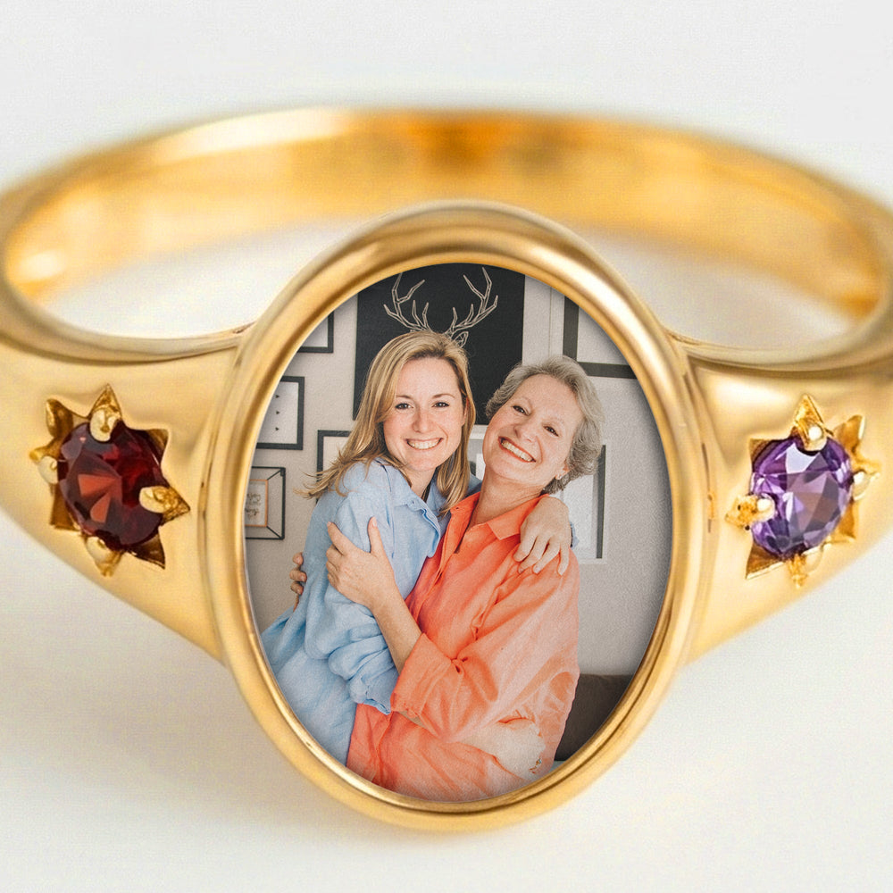 Photo Ring With 2 Birthstones Mother's Day Gift For Mom - Personalized Ring