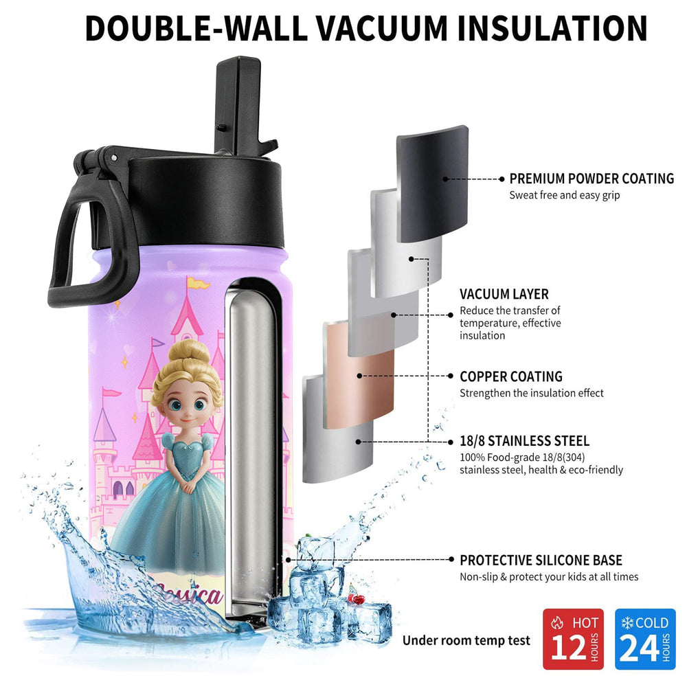 Princess Castle Cartoon Gift For Her - Personalized Kids Water Bottle With Straw Lid