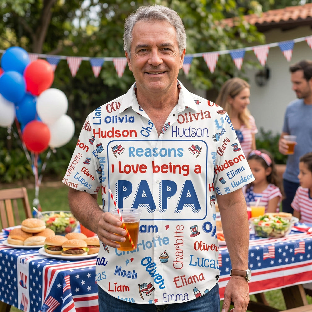Reasons I Love Being A Papa USA 250 Patriotic Kid Names - Personalized Hawaiian Shirt