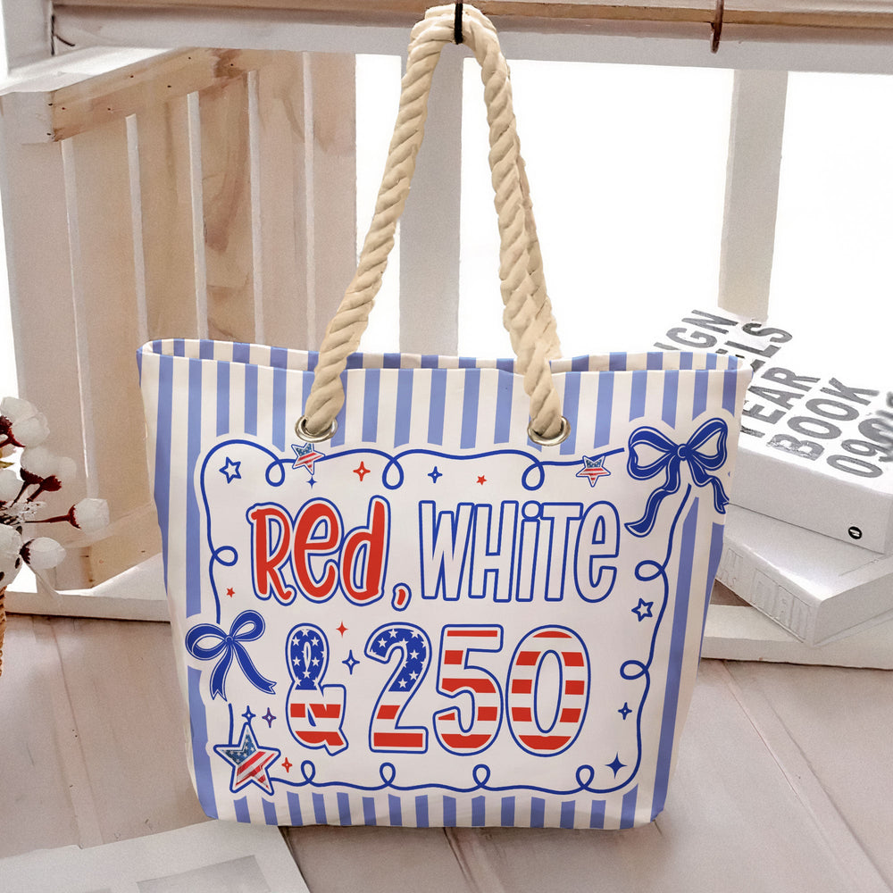 Red, White & 250 Patriotic Coquette Bow - Personalized Beach Bag | Custom USA Independence Day Tote Bag