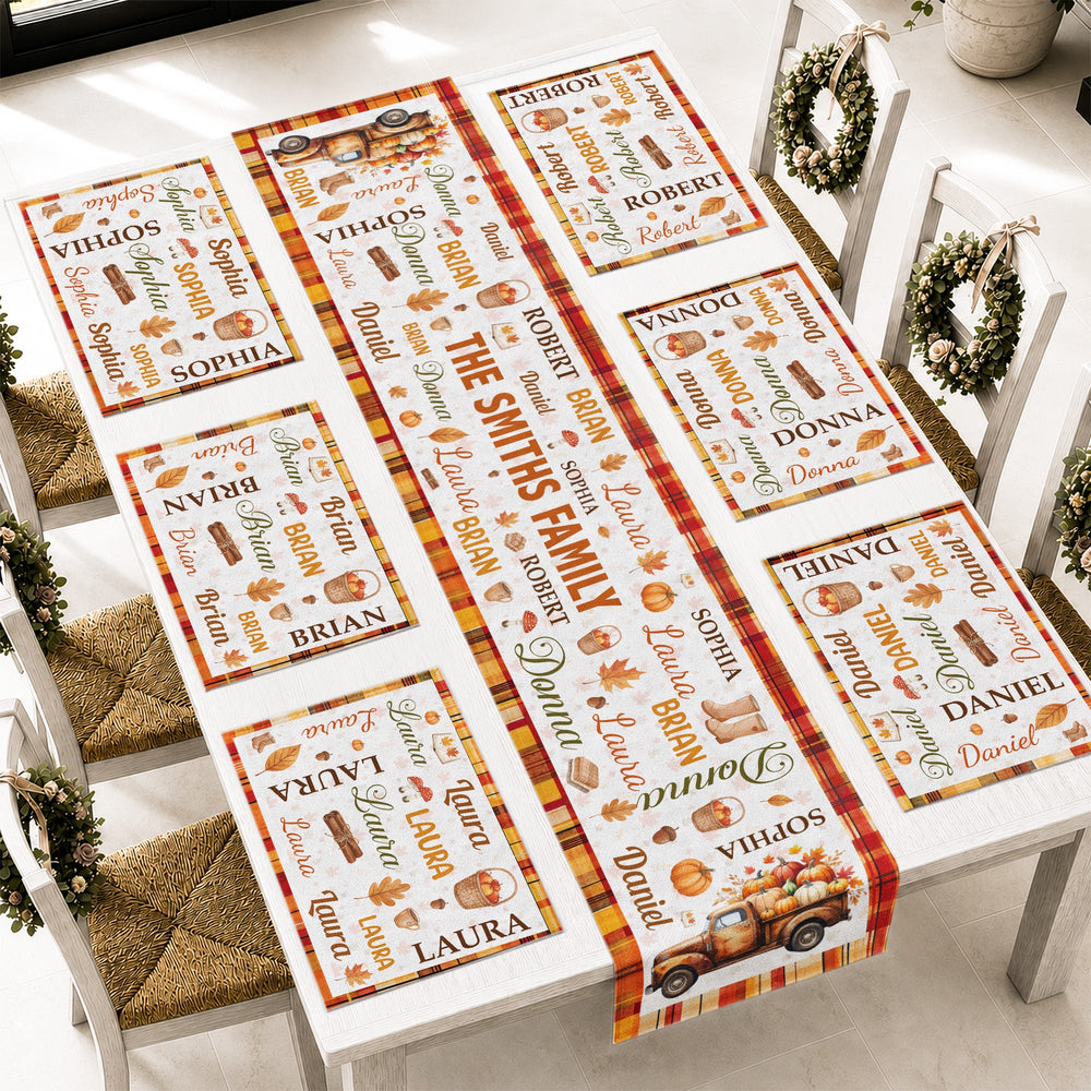 Custom Family Name Autumn Leaves & Pumpkin Table Runner Set
