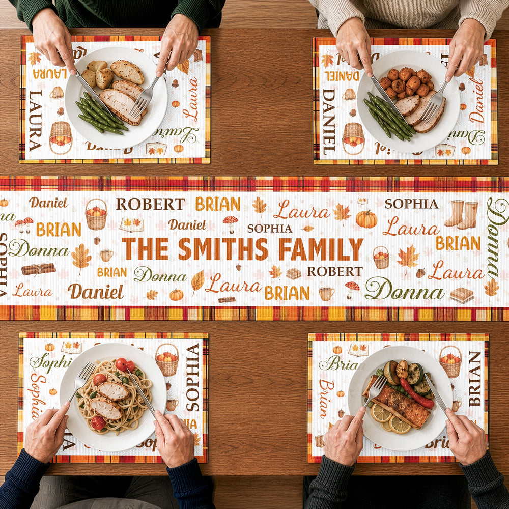 Custom Family Name Autumn Leaves & Pumpkin Table Runner Set