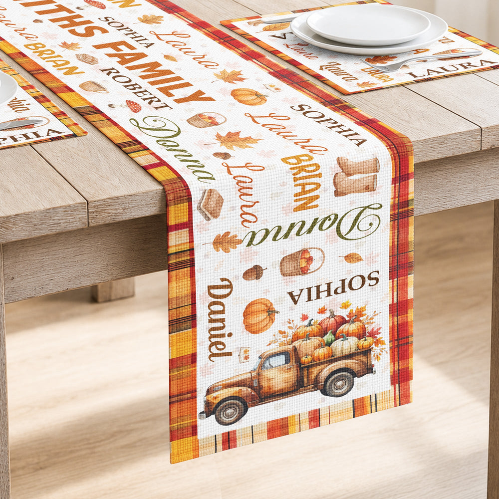 Custom Family Name Autumn Leaves & Pumpkin Table Runner Set