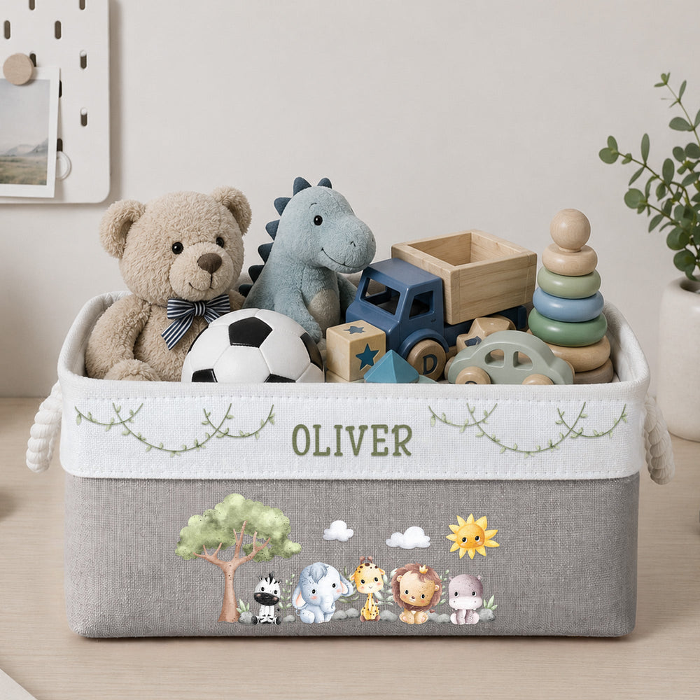 Safari Jungle Animals Custom Kid's Name - Personalized Storage Basket