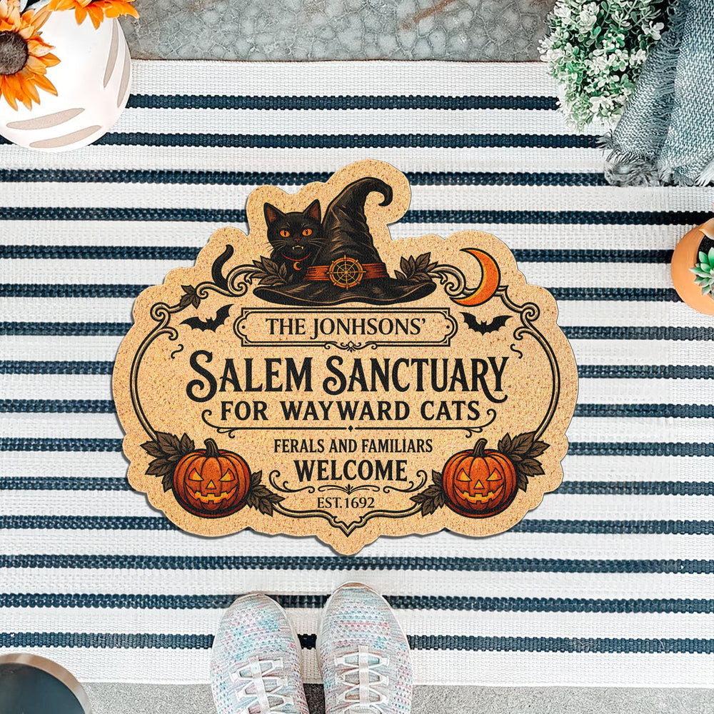 Personalized Salem Sanctuary Doormat, Custom Name Halloween Cat Lover Welcome Mat