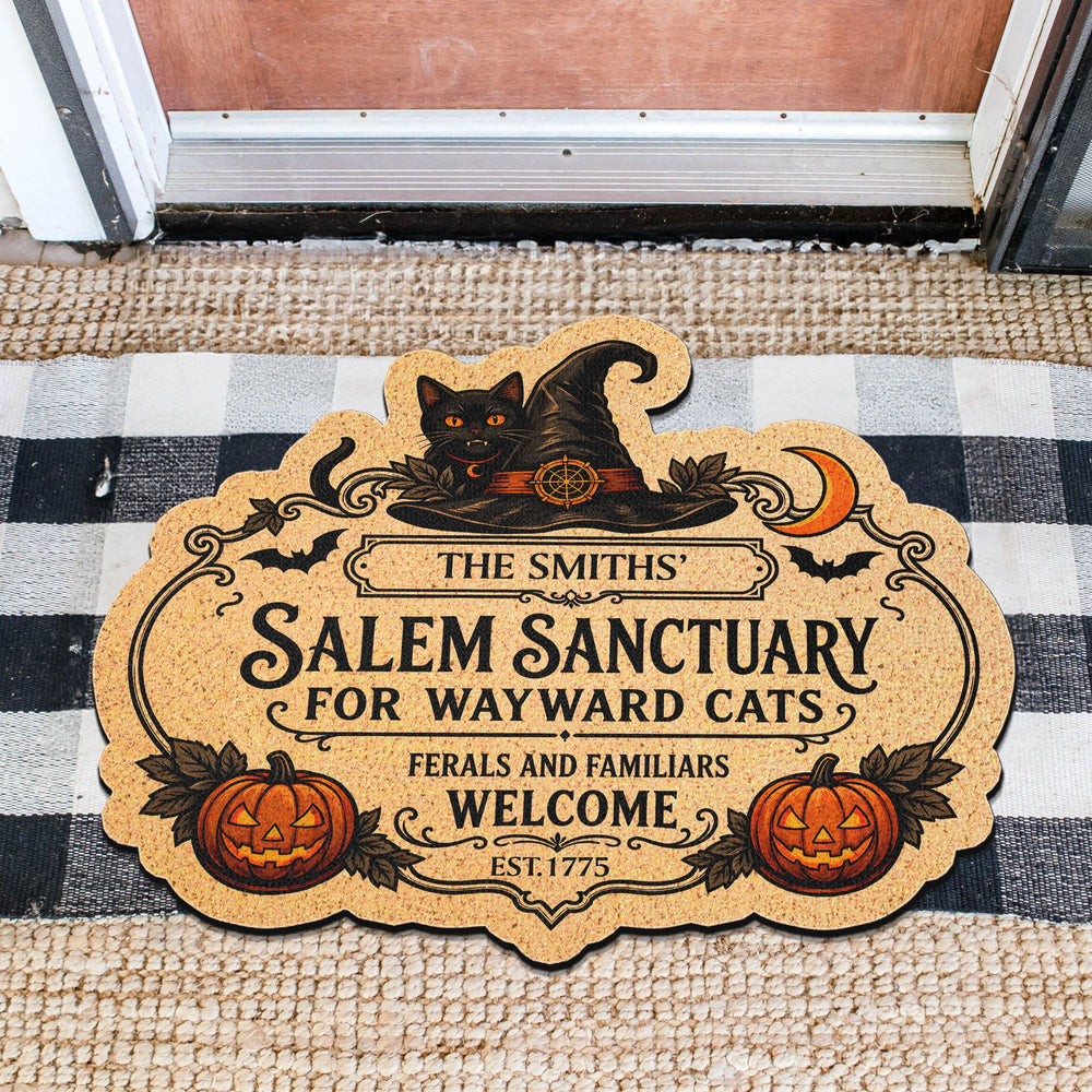 Personalized Salem Sanctuary Doormat, Custom Name Halloween Cat Lover Welcome Mat