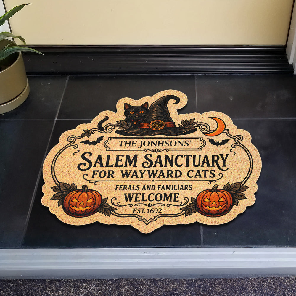 Personalized Salem Sanctuary Doormat, Custom Name Halloween Cat Lover Welcome Mat