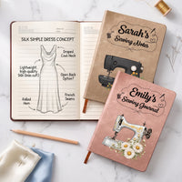 Personalized Sewing Machine Leather Journal – Custom Birth Flower & Name Sewing Notes Notebook Gift for Quilters & Crafters