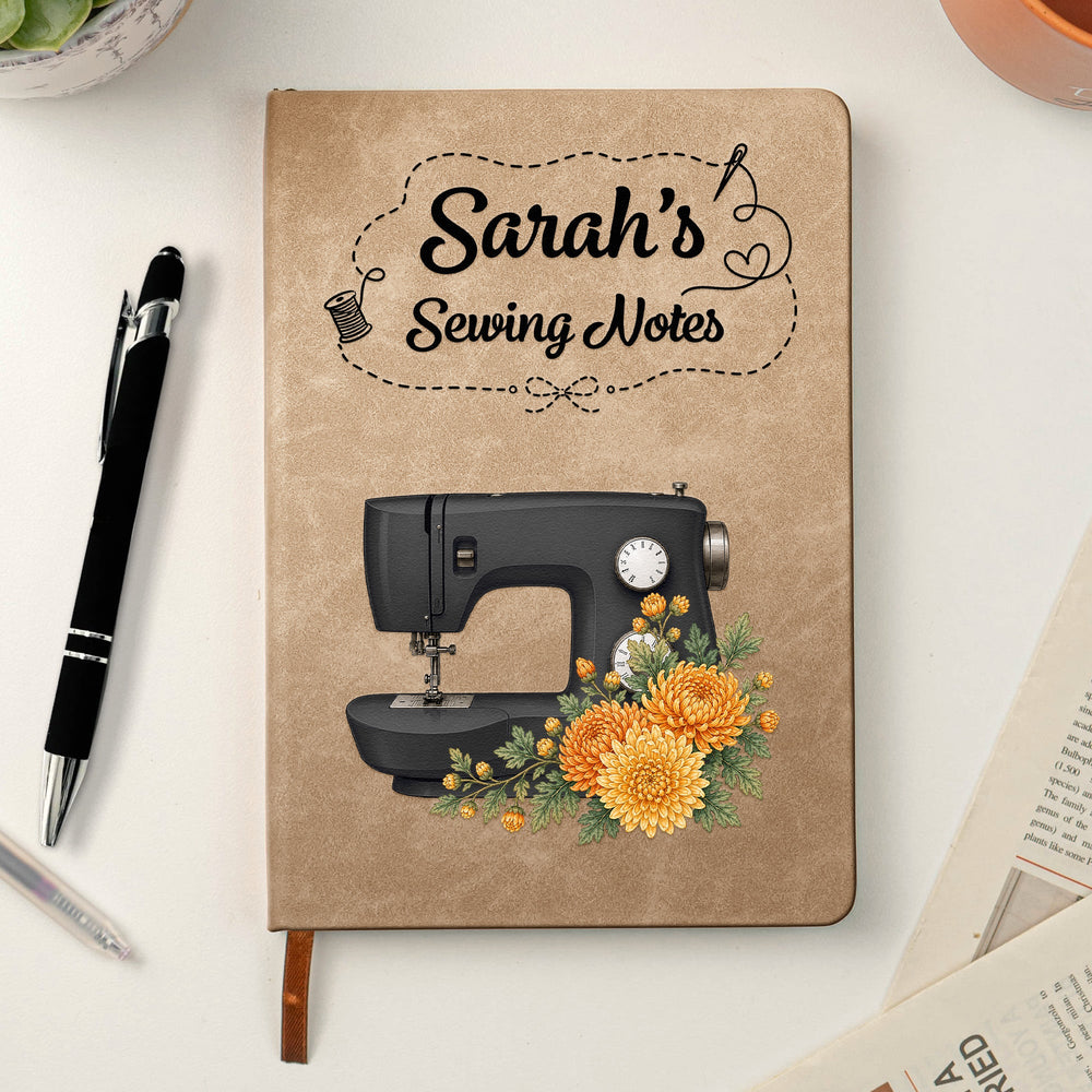 Personalized Sewing Machine Leather Journal – Custom Birth Flower & Name Sewing Notes Notebook Gift for Quilters & Crafters