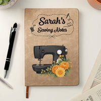 Personalized Sewing Machine Leather Journal – Custom Birth Flower & Name Sewing Notes Notebook Gift for Quilters & Crafters